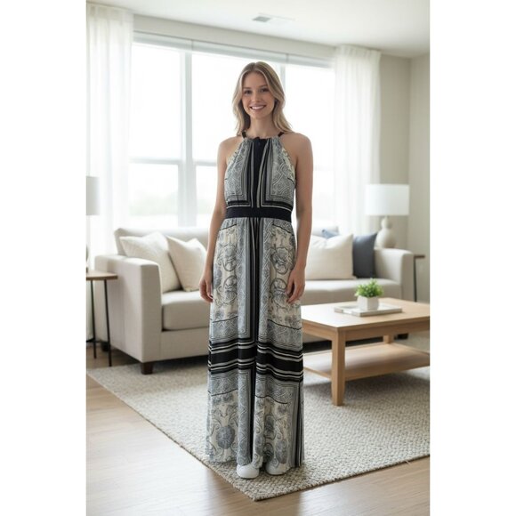 Vince Camuto Blue White Sleeveless Maxi Chic Dress 6 Paisley Print Lightweight - Picture 1 of 16